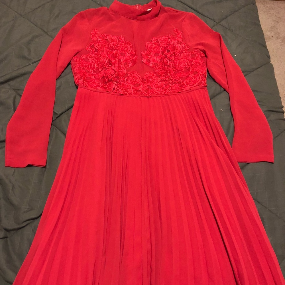 True red lace pleated midi dress by asos